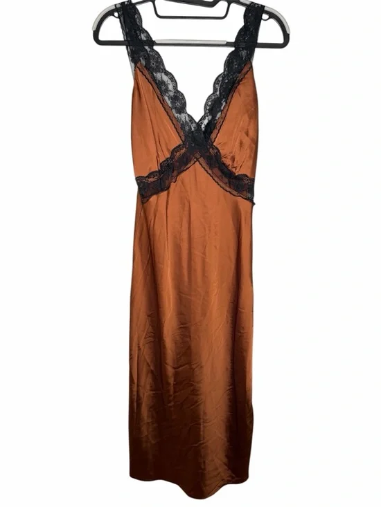 Abercrombie & Fitch Satin Lace-Trim Slip Dress in Bronze and Black - Picture 3 of 7